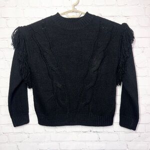 NWOT |•ESQUALO•| Black Cable Knit Fringe Shoulder Sweater Size Medium
